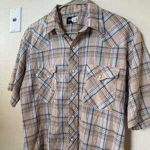 VTG Wrangler Beige and Blue Plaid Pearl Snap button down Shirt
